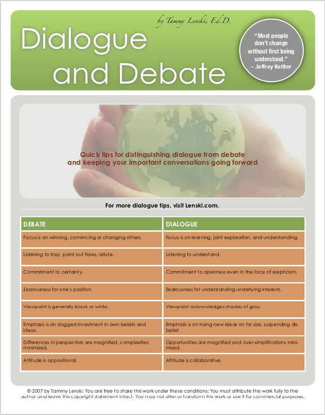 Tammy Lenski’s chart about dialogue and debate 